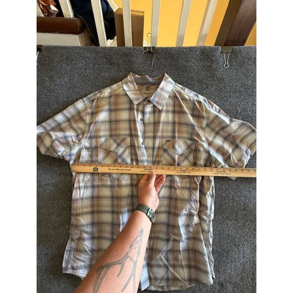 Carhartt Mens Plaid Short Sleeve Button-Up Shirt 2XL Relaxed Fit Beige & Blue - Picture 8 of 11